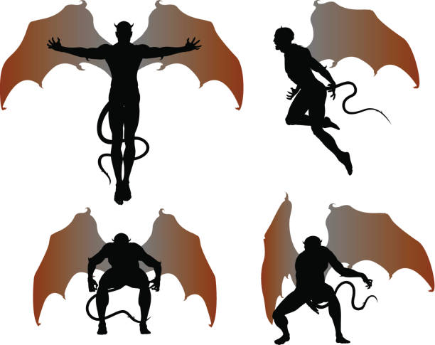 fallen angel silhouettes of the winged demon gargoyle stock illustrations