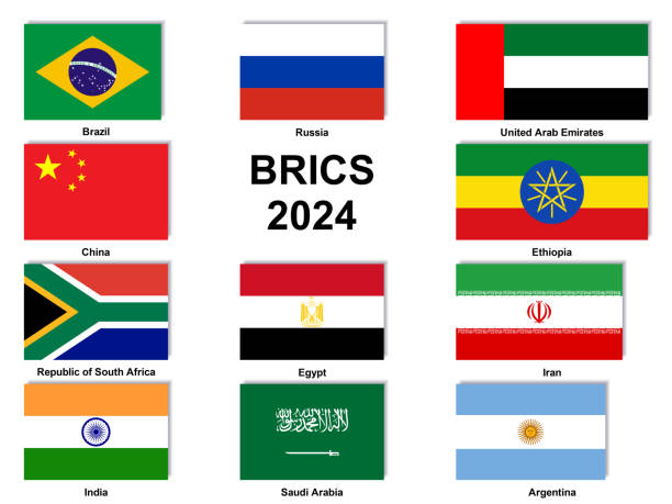 ilustraciones, imágenes clip art, dibujos animados e iconos de stock de establecer banderas brics con nombres. ilustración vectorial - brics