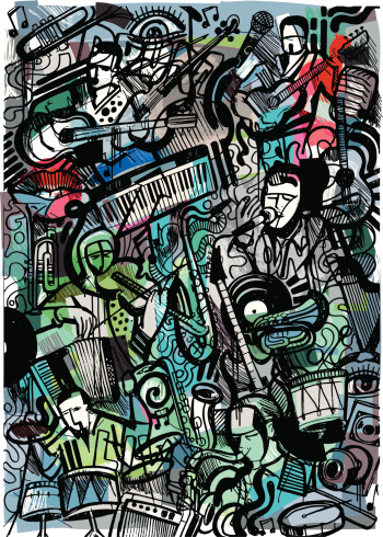 Image shows a doodle of musicians and instruments in sketchy art; vectorimage with only one layer, without opening shapes and gradients; big jpeg (350DPI); digital drawing with free wild style; fantasy drawing; you can delete the colour fill in