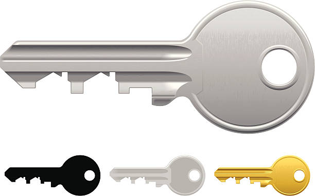 Graphic image of a house key in three different colors Realistic house key illustration, house shapes form the keys teeth. Includes silver, gold, 2 tone & silhouetted key. Layered and grouped for ease of use. gold metal silhouettes stock illustrations