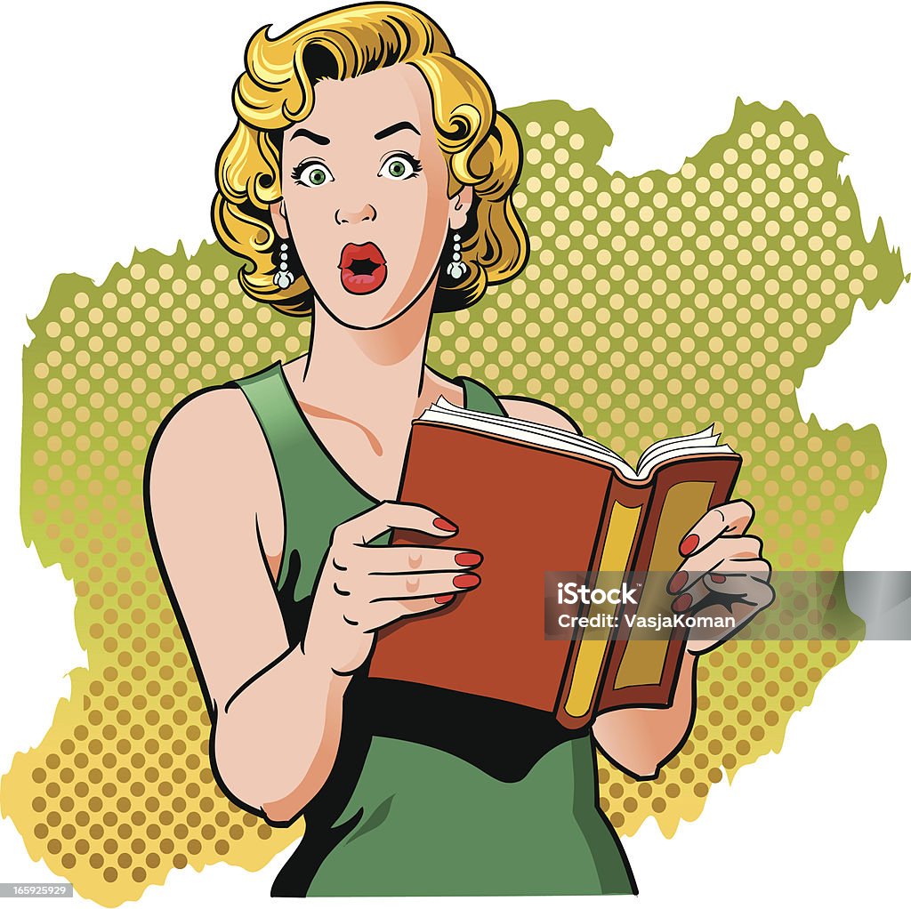 Libro de lectura de mujer sorprendida con Look Vintage - arte vectorial de Libro libre de derechos