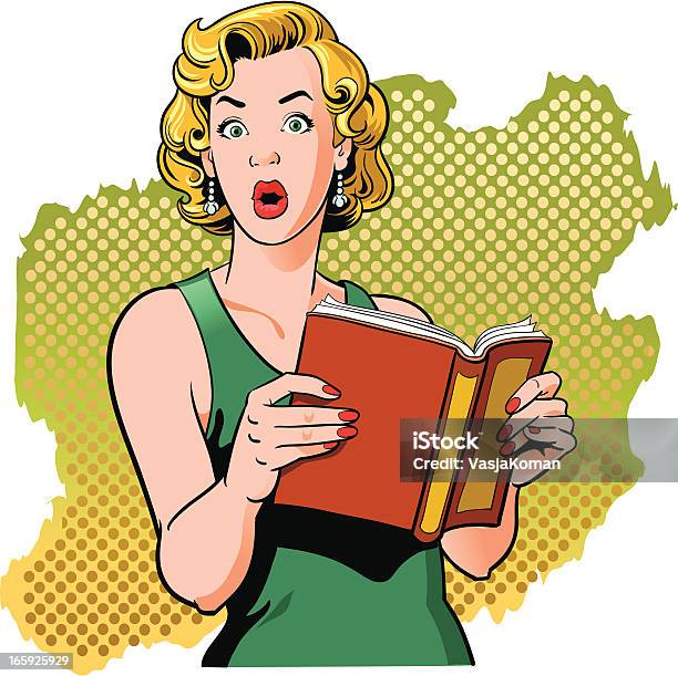 Ilustración de Libro De Lectura De Mujer Sorprendida Con Look Vintage y más Vectores Libres de Derechos de Libro