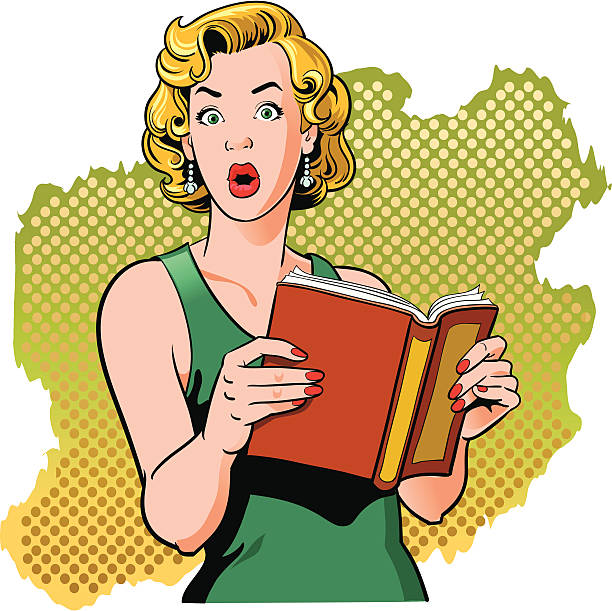 illustrazioni stock, clip art, cartoni animati e icone di tendenza di libro di lettura donna con sorpresa look vintage - surprise women humor old fashioned