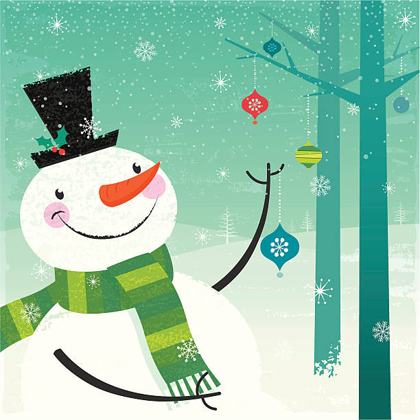 A cartoon snowman decorating a tree vector art illustration