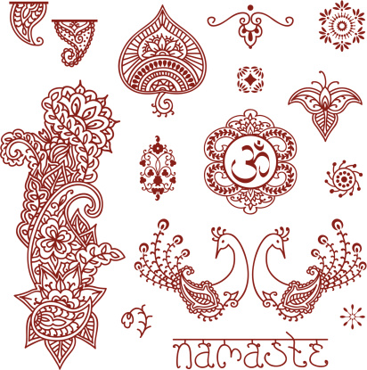 A series of original ornately detailed designs inspired by the art of mehndi, including a pair of peacocks, some paisley designs, an aum (om) symbol, and the greeting 