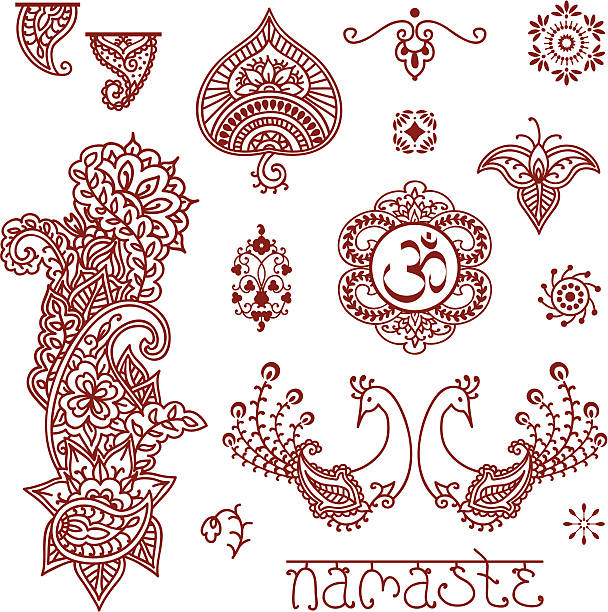 Mehndi Design Elements A series of original ornately detailed designs inspired by the art of mehndi, including a pair of peacocks, some paisley designs, an aum (om) symbol, and the greeting "namaste". (Includes .jpg) henna stock illustrations