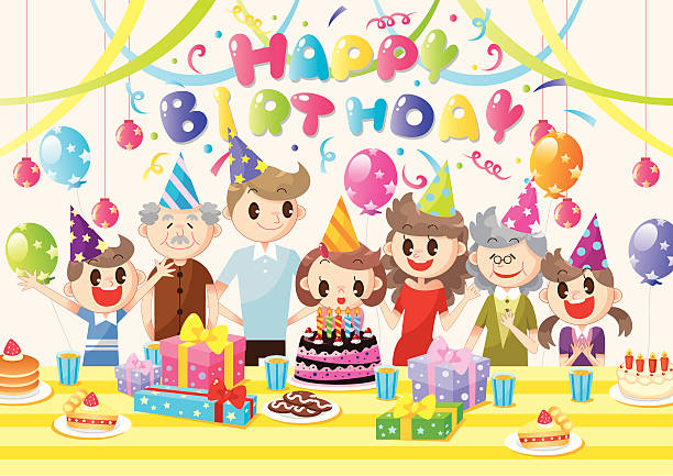 ilustrações de stock, clip art, desenhos animados e ícones de família festa de aniversário - party hat birthday confetti streamer