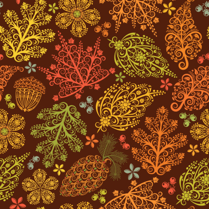 Autumnal colors of lacy fall leaves, pine cones, acorns, berries, and dried flowers. Seamless pattern. 