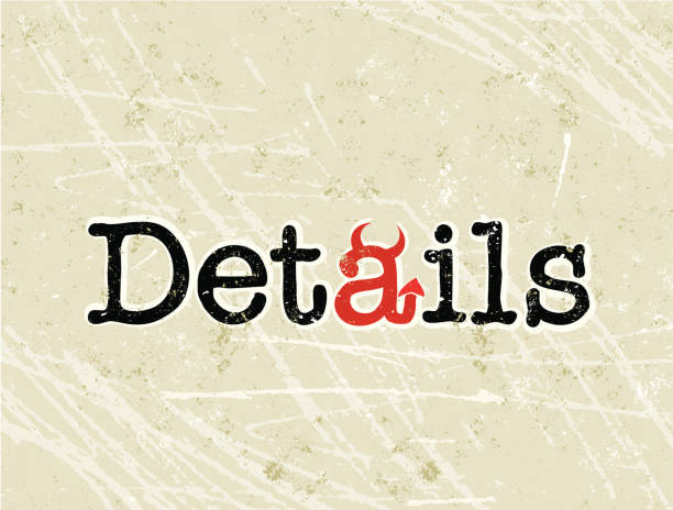 Devil Is in the Details Text A stylized vector cartoon of the word "details" with the letter a in red and having horns and a tail, reminiscent of an old screen print poster and suggesting the phrase "The devil is in the details" which means putting pay attention, scrutinise, read the small print, overlook, or problems.Text, horns, paper texture and background are on different layers for easy editing. Please note: clipping paths have been used, an eps version is included without the path. devil stock illustrations