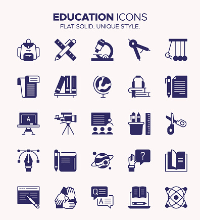 This Education Icon Set features a collection of solid style icons designed for educational and academic purposes. From the excitement of going 'Back to School' to the journey of 'Learning' in a 'Classroom,' these icons cover a wide range of topics. You'll find symbols representing 'Books' and 'Knowledge,' as well as essential tools like a 'Pencil.' Celebrate academic milestones with 'Graduation' icons. These versatile visuals are perfect for educational websites, apps, presentations, and more. Enhance your projects with these stylish and impactful icons.