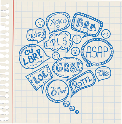 Hand drawn speech bubble of acronyms and abbreviations commonly used for communication.