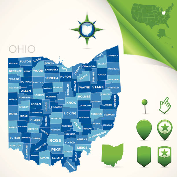 ilustraciones, imágenes clip art, dibujos animados e iconos de stock de mapa del condado de ohio - map ohio cartography usa