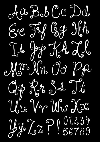 Vector illustration of an script alphabet on black background. Alphabet is hand drawn. See my portfolio for similar hand drawn fonts. Download includes Illustrator 8 eps, high resolution jpg and png file. 