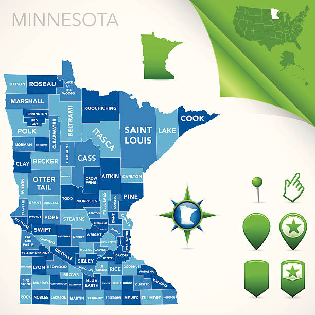 ilustraciones, imágenes clip art, dibujos animados e iconos de stock de mapa del condado de minnesota - minnesota