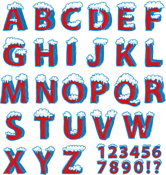 Snow and ice style alphabet set Vector illustration of a set of ice and snow themed alphabet set. Colorful red and sketchy blue tones. Includes numbers, exclaimation point and question mark. Download includes Illustrator 8 eps, high resolution jpg and png file. ice stock illustrations