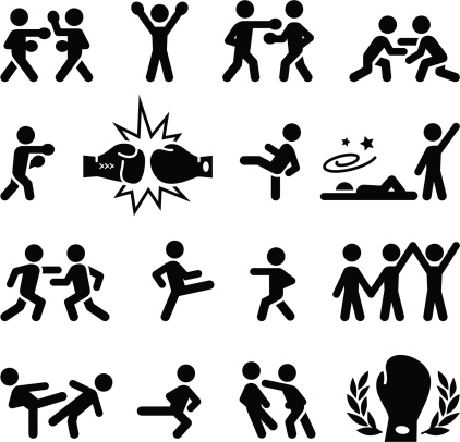 Fighting, wrestling, martial arts and boxing icons. Editable vector icons for video, mobile apps, Web sites and print projects. See more icons in this series.