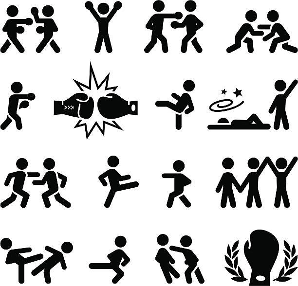 Fighting Icons - Black Series Fighting, wrestling, martial arts and boxing icons. Editable vector icons for video, mobile apps, Web sites and print projects. See more icons in this series. boxing stock illustrations