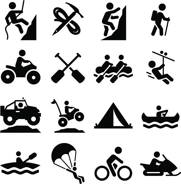 ilustraciones, imágenes clip art, dibujos animados e iconos de stock de adventure sports serie de iconos, negro - inflatable raft camping kayak mountain climbing