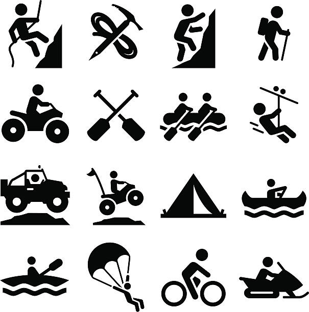 illustrazioni stock, clip art, cartoni animati e icone di tendenza di adventure sports serie di icone-nero - water sport lake canoe canoeing