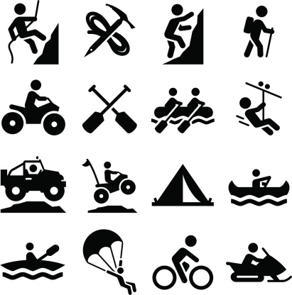 Mountaineering, rafting, climbing, off-roading and other adventure icons. Vector icons for video, mobile apps, Web sites and print projects. See more in this series.