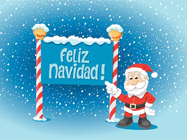 Vector illustration of Santa Claus Pointing Feliz Navidad Sign Snow