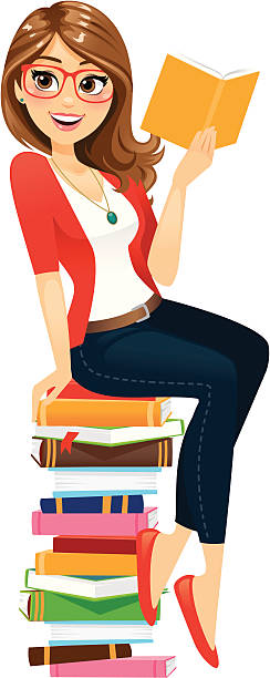 ilustraciones, imágenes clip art, dibujos animados e iconos de stock de mujer leyendo libros - librarian