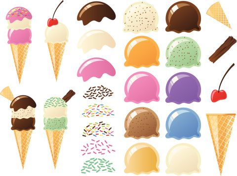 Set of illustrations that allow you to build your own ice cream cones.  A large variety of flavors of ice cream, several different toppings and sprinkles, a cherry, a wafer and a chocolate. 