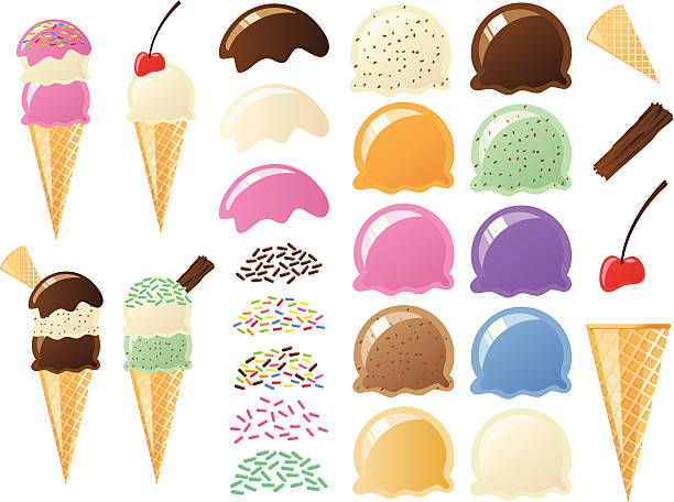 Ice Cream Flavors Set Set of illustrations that allow you to build your own ice cream cones.  A large variety of flavors of ice cream, several different toppings and sprinkles, a cherry, a wafer and a chocolate.  scoop shape stock illustrations