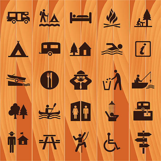 Camping Icons On Wooden Background vector art illustration