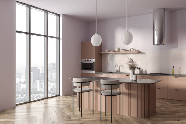 istock Stylish kitchen interior with bar island and cooking corner with shelves 1659267347