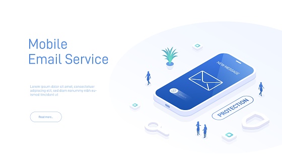 Email service concept. Electronic mail message as business marketing. Newsletter sending mobile service layout or webmail. Web banner template. Email isometric vector illustration