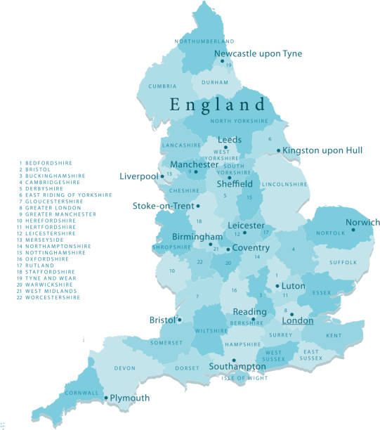 England Vector Map Regions Isolated "Detailed vector map of England with administrative divisions. File was created on October 18, 2012. The colors in the .eps-file are ready for print (CMYK). Included files: EPS (v8) and Hi-Res JPG (4962aa aaa 5600 px)." south east england stock illustrations