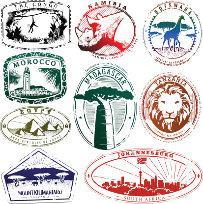Series of stylized passport style stamp illustrations of various African countries. Great for a vintage LA look.