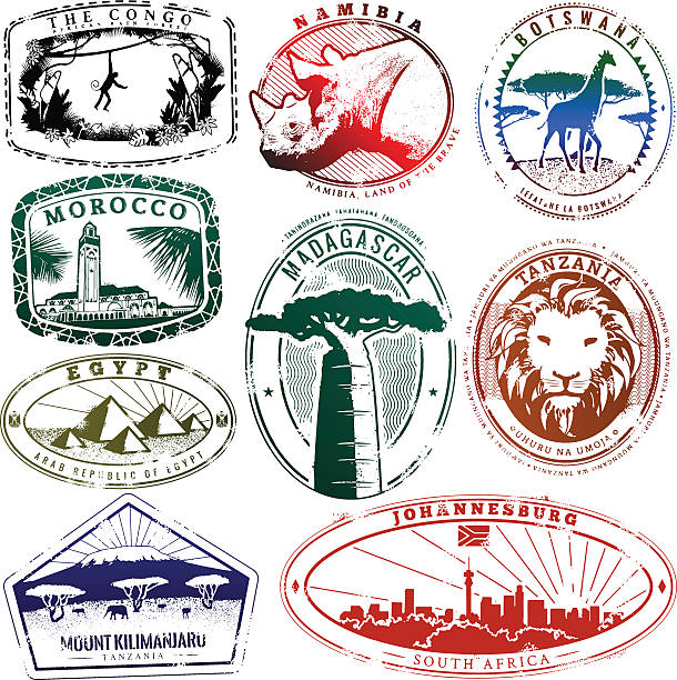 Series of stylized passport style stamp illustrations of various African countries. Great for a vintage LA look.