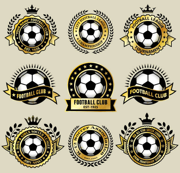 illustrazioni stock, clip art, cartoni animati e icone di tendenza di pallone da calcio su gold distintivi set di icone vettoriali royalty-free - medal soccer success winning