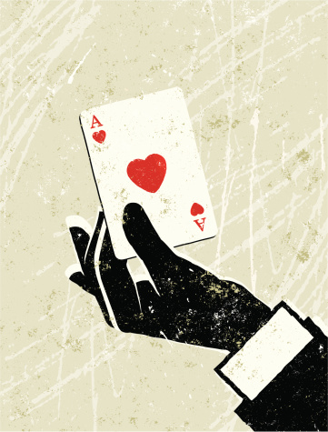 A stylized vector cartoon of a man's hand holding an ace of hearts, reminiscent of an old screen print poster and suggesting luck, fortune, risk or winner. Card, hand, paper texture, and background are on different layers for easy editing. Please note: clipping paths have been used, an eps version is included without the path.