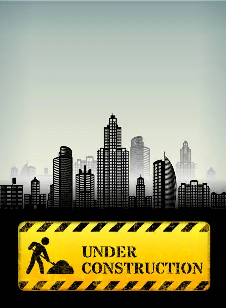 Vector illustration of City Construction Work Street Sign with skyline panoramic