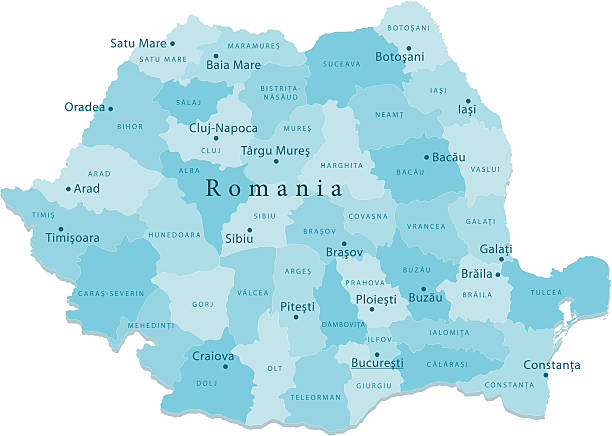 Romania Vector Map Regions Isolated "Detailed vector map of Romania with administrative divisions. File was created on November 21, 2012. The colors in the .eps-file are ready for print (CMYK). Included files: EPS (v8) and Hi-Res JPG (5600aa aaa 4115 px)." romania stock illustrations