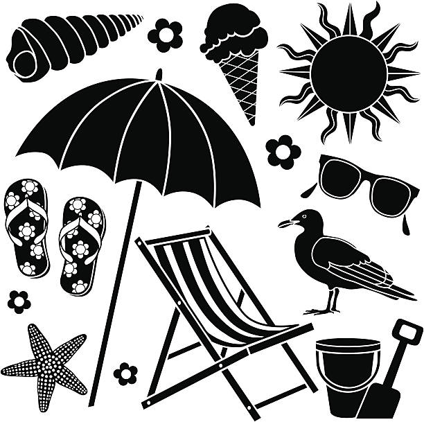 illustrazioni stock, clip art, cartoni animati e icone di tendenza di icone di spiaggia - outdoor chair