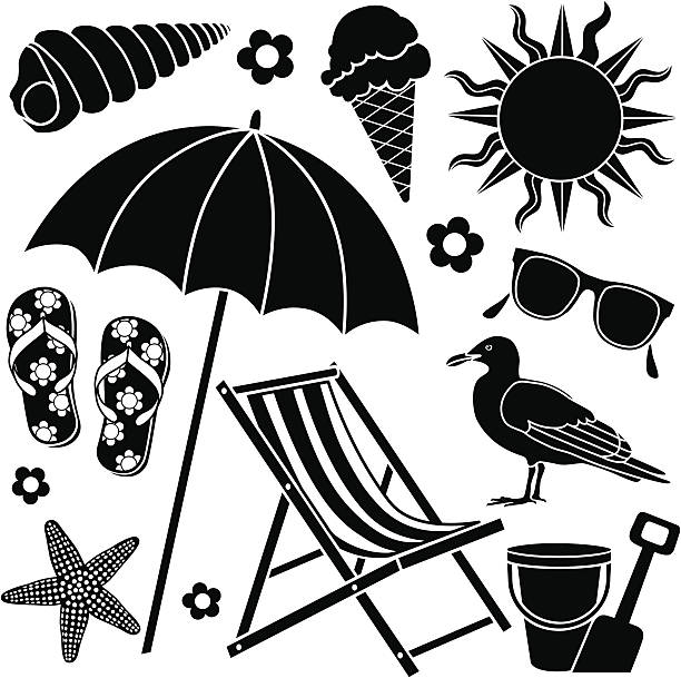 beach icons Vector icons with a day at the beach theme. fish clip art black and white stock illustrations