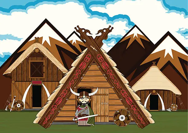 Vector illustration of Fierce Viking Warrior Village Scene