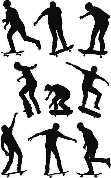 Multiple images of a man skateboarding Multiple images of a man skateboardinghttp://www.twodozendesign.info/i/1.png standing on one leg not exercising stock illustrations