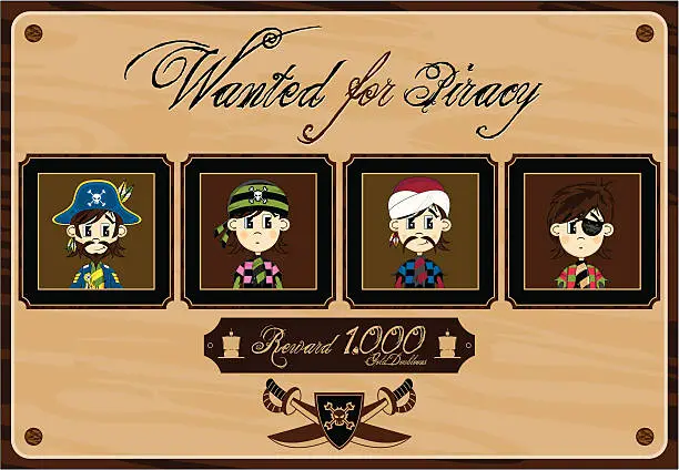 Vector illustration of Cute Pirate Gang Wanted Poster