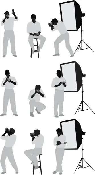 Vector illustration of Multiple images of a photographer in studio