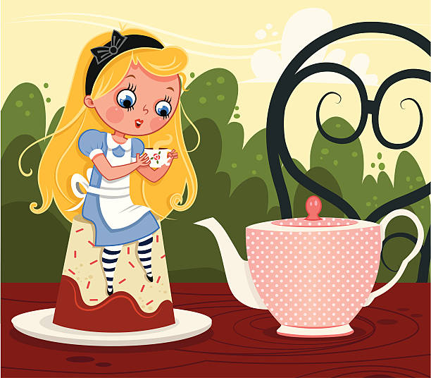 ilustraciones, imágenes clip art, dibujos animados e iconos de stock de alice en tea party - tea party little girls teapot child