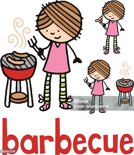 Girl Stood Next To A Barbecue Stock Illustration - Download Image Now - Barbecue - Meal, Barbecue Grill, Cartoon