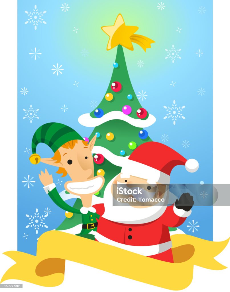 크리스마스 골든 배너입니다, 산따 엘프 (Elf) 및 파인에서 트리 - 로열티 프리 0명 벡터 아트