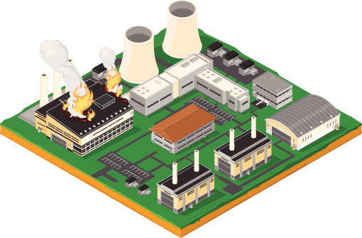 A vector illustration of a nuclear power station that has had a critical meltdown disaster.