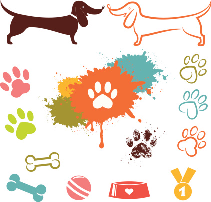 Love dog icon set. Dachshund dog silhouette, different dog paw and dog stuff.
