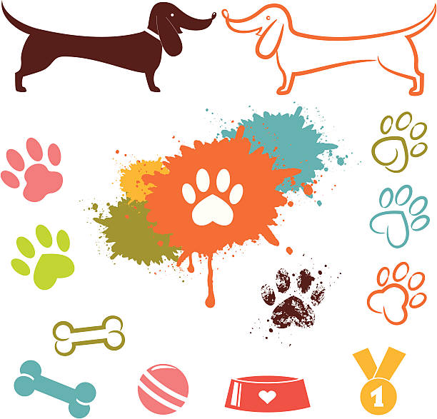 Love dog icon set Love dog icon set. Dachshund dog silhouette, different dog paw and dog stuff. dog splashing stock illustrations